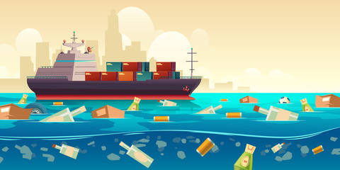 Pacific ocean plastic garbage pollution, container ship moving by trash floating in dirty underwater surface. Sea polluted water. Planet ecological and recycling problems. Cartoon vector illustration