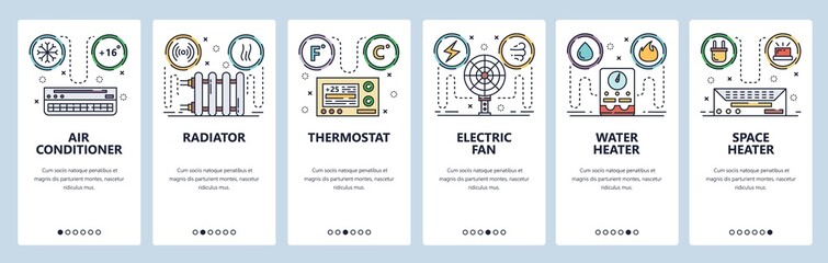 Mobile app onboarding screens. Home climate system, air con, water heater, thermostat. Menu vector banner template for website and mobile development. Web site design flat illustration