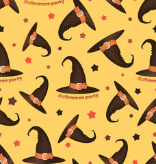 Halloween witch hat. Seamless background. Halloween party invitations with old hat. Design element for Halloween. Design concept for holiday party. Flat style. 