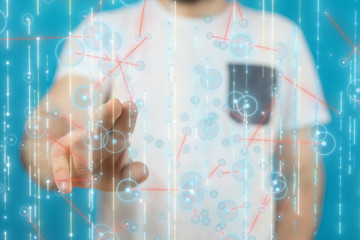 Businessman pressing document icon over computer binary code