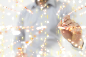 Businessman pressing document icon over computer binary code