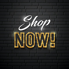 Naklejka na ściany i meble Shop now vector message gold lighting design on wall blocks black background, illustration