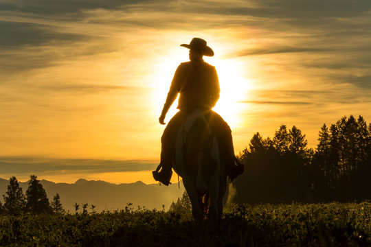 Cowboy riding across grassland with moutains behind, early moring, British Colombia, B.C., Canada