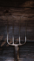 Pitchfork. On the background of the old wooden brown wall