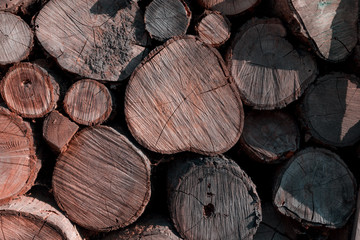 Stack of sawn logs. Natural wooden decor background.