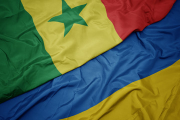 waving colorful flag of ukraine and national flag of senegal.