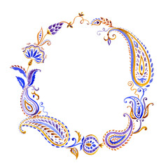 Round frame from a paisley pattern, watercolor illustration on a white background, design element for invitations, emblems, etc.