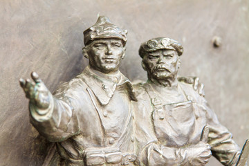 Fototapeta na wymiar Door decoration with Russian war theme, National Memorial on Vitkov Hill, Prague, Czech republic