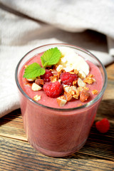 Fresh raspberries and bananas   smoothies  Healthy food concept