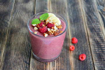 Fresh raspberries and bananas smoothies Healthy food concept