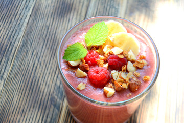 Fresh raspberries and bananas   smoothies  Healthy food concept