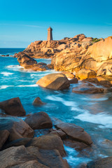 Naklejka premium Ploumanach Lighthouse, Cote de Granit Rose, Cotes d'Amor, Brittany, France