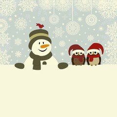 Christmas greeting card with snowman and owls