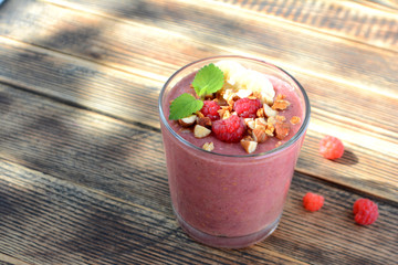 Fresh raspberries and bananas   smoothies  Healthy food concept