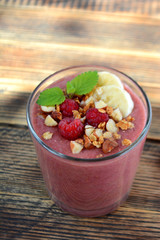 Fresh raspberries and bananas   smoothies  Healthy food concept