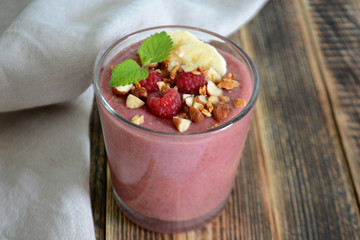 Fresh raspberries and bananas   smoothies  Healthy food concept