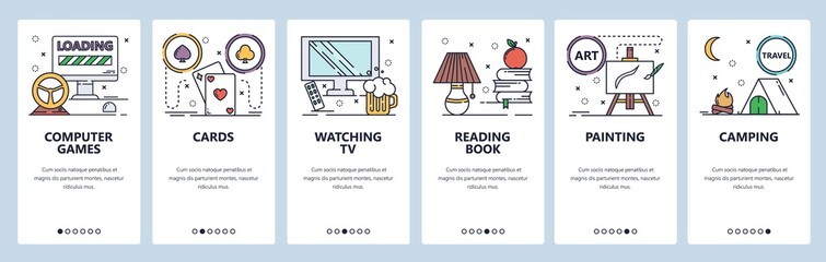 Mobile app onboarding screens. Hobby and leisure activities, computer games, play cards, watch tv, read books. Vector banner template for website and mobile development. Web site design illustration