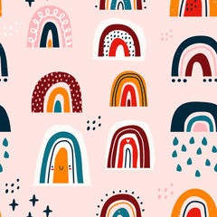 Various rainbows. Kids drawing style. Different ornaments. Childish scandinavian style. Flat design. Hand drawn colored vector seamless pattern. Modern trendy illustration. Pink background