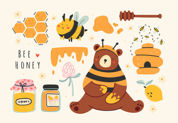 Set of cute bee, tasty healthy honey, jars, hive, honey spoon, flower, bear, honeycomb. Hand drawn colored trendy vector illustration. Cartoon style. Flat design. All elements are isolated