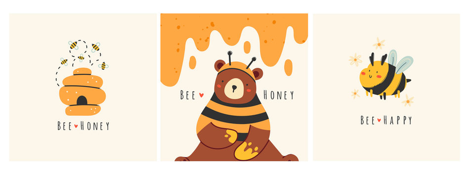 Cute bee, tasty healthy honey, hive, bear. Set of three cards. Hand drawn colored trendy vector illustrations. Cartoon style. Flat design. Every illustration is isolated