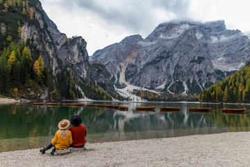 couple in love vacation near a mountain lake