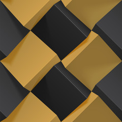 Naadloos geometrisch patroon met realistische zwarte en gouden kubussen. Vectorsjabloon voor behang, textiel, stof, inpakpapier, achtergronden. Textuur met volume-extrudeereffect. Vector illustratie.