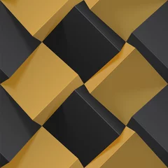Foto op Plexiglas 3D Naadloos geometrisch patroon met realistische zwarte en gouden kubussen. Vectorsjabloon voor behang, textiel, stof, inpakpapier, achtergronden. Textuur met volume-extrudeereffect. Vector illustratie.
