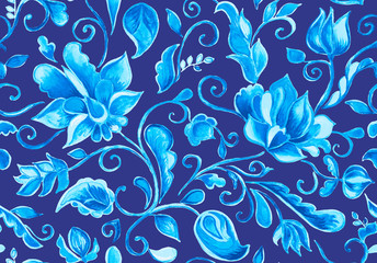 Paisley watercolor floral pattern tile:  flowers, flores, tulips, leaves. Oriental indian traditional hand painted water color whimsical seamless print, ceramic design. Abstract india batik background