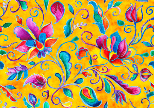 Watercolor hand painted oriental floral seamless pattern. Colorful orange yellow whimsical flowers, leaves, brunches, paisley illustration. Traditional arabic drawn ornament for ceramic tile design.