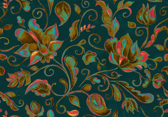 Paisley watercolor floral pattern tile:  flowers, flores, tulips, leaves. Oriental indian traditional hand painted water color whimsical seamless print, ceramic design. Abstract india batik background