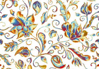 Cute renaissance watercolor seamless flower pattern. Hand drawn floral seamless pattern (tile). Colorful seamless pattern with flowers, paisley and leaves. Perfect for textile, cover design. Isolated.