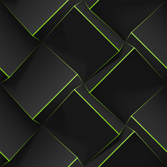 Dark seamless geometric pattern. Realistic 3d cubes with thin green lines. Vector template for wallpapers, textile, fabric, wrapping paper, backgrounds. Texture with volume extrude effect.