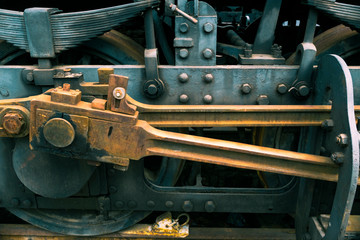 Industrial or transportation or steam punk vintage background with detail of old rusty steam locomotive featuring crank mechanism, frame, wheels and suspension system. 