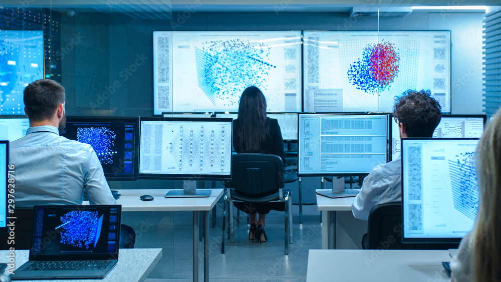 Poster Team of Computer Engineers Work on Machine Learning Neural Network Technology Development.