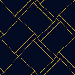 Geometric cubic seamless pattern with thin golden lines on dark blue background. Vector illustration for wallpapers, textile, fabric, wrapping paper, backgrounds.