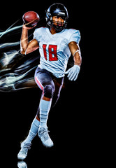 Fototapeta na wymiar one african american football player man studio shot isolated on black background with light painting with blurred motion speed effect