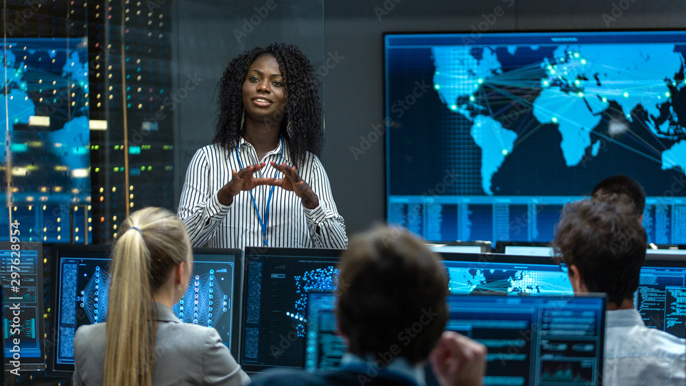 Poster Chief Project Engineer Holds Briefing for a Team of Scientists that are Building Machine Learning System. Displays Show Working Model of Neural Network. 