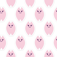 Seamless Pattern of Kawaii Cat Stickers. Cute smiling Kitty Girl. Simple Paper Cut flat style. For kid cards, room decor, web. Pastel color character isolated on white. Printable