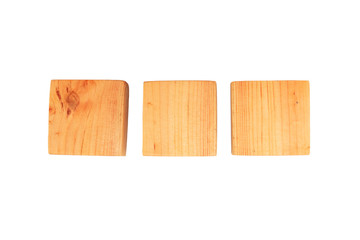 Wood square bar pieces on isolated background. Horizontal row of wooden squares as concept of kids development toy, construction or decoration. Mockup stairs or diagram elements