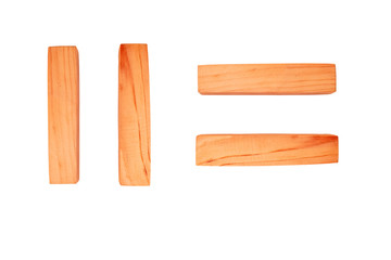 Wood bar pieces on isolated background. Vertical and horizontal wooden bars as concept of kids development toy, construction or decoration. Mockup shelf sections