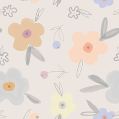 Seamless Botanical pattern with flowers in soft colors. Naive style. Suitable for printing on fabric and for children's Wallpaper, for design, for wrapping paper and decoration of children's parties.