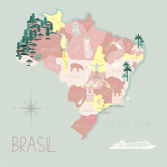 Brazil cartoon travel map vector illustration with landmarks, cities, roadmap. Infographic concept shape template design with country navigator. Brazilian journey and tourism web layout, icons