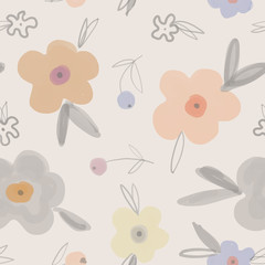 Seamless Botanical pattern with flowers in soft colors. Naive style. Suitable for printing on fabric and for children's Wallpaper, for design, for wrapping paper and decoration of children's parties.