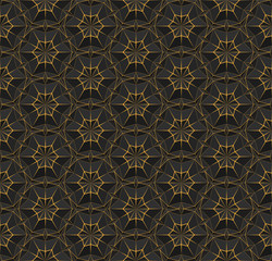 Dark seamless polygonal pattern with triangles. Black texture with bright orange thin lines. Vector geometric illustration for background, wallpaper interior, textile, wrapping paper and print design.