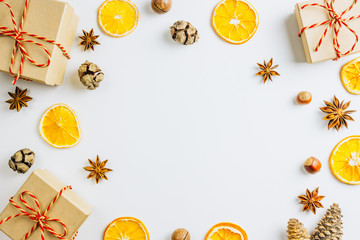 Gift boxes with decorations on white background. Copy space. Top view, flat lay. Christmas background