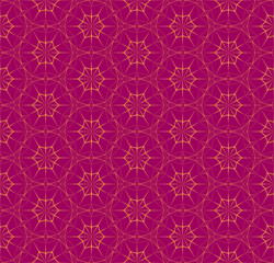 Bright seamless polygonal pattern with triangles. Fuchsia color texture with orange thin lines. Vector geometric illustration for background, wallpaper, interior, textile, wrapping paper print design.
