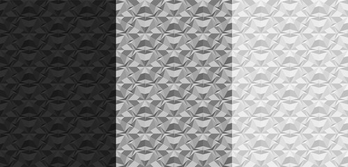 Fototapeta premium Set of black, gray, white geometric seamless patterns. 3D textures with the effect of volume extrusion. Template for wallpaper, textile fabric wrapping paper backgrounds Realistic vector illustration.
