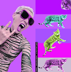 Swag Party girl and cats. Creative zine collage. Animal print and geometry trash