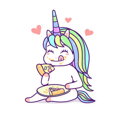 Kawaii unicorn eating yummy pizza pastel color, happy cartoon vector