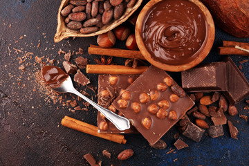 Chocolate bar pieces and melting swirl cocoa. Sweet food photo concept. The chunks of broken...
